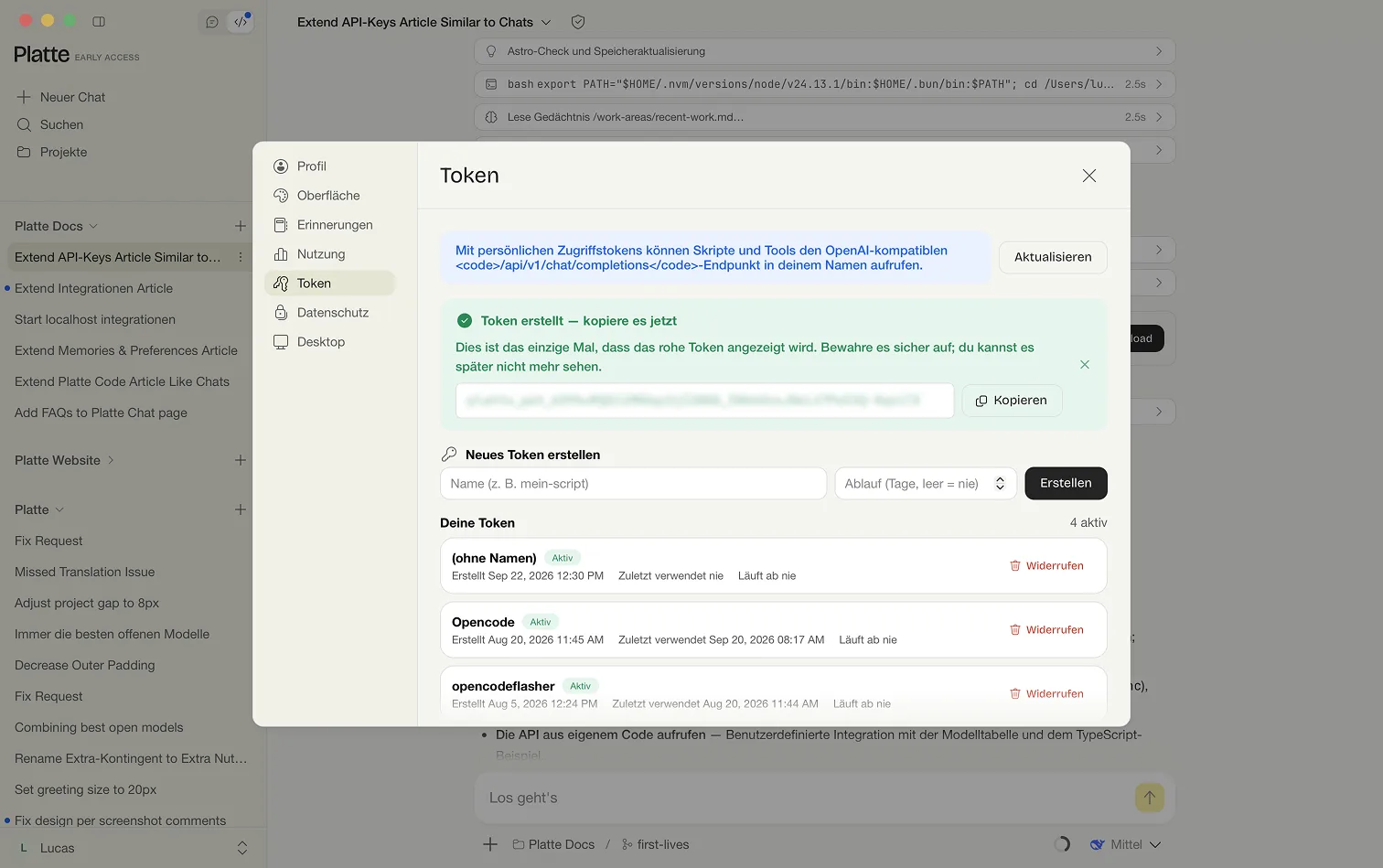 Der Tab Token in den Einstellungen mit dem Formular Neues Token erstellen und der Liste Deine Token