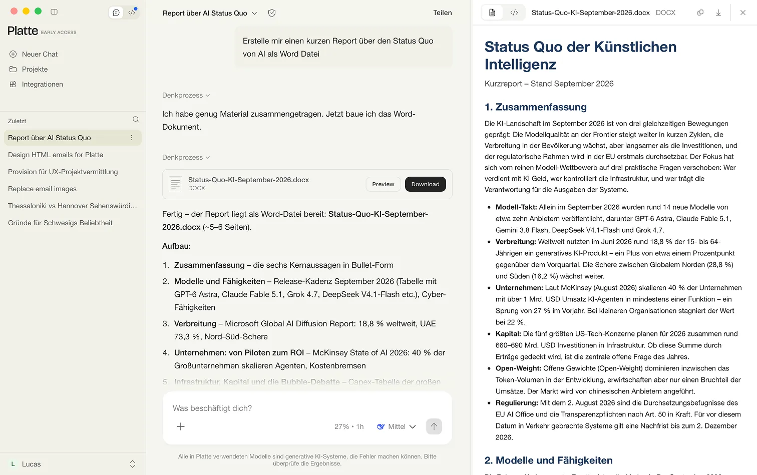 Das Vorschau-Panel rechts neben einem Chat: links der Verlauf mit der Anfrage, eine Word-Datei zu erstellen, und der Datei-Karte Status-Quo-KI-September-2026.docx mit den Schaltflächen Preview und Download, rechts das geöffnete Dokument mit dem Kopf aus Dateiname, Dateityp, Code-, Kopier-, Download- und Schließen-Symbol