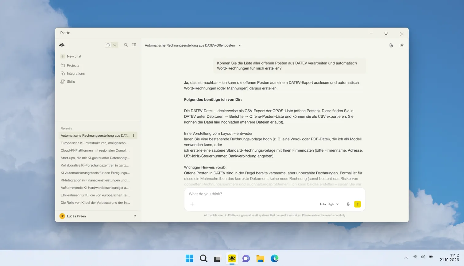 Die Platte Desktop-App als eigenes Fenster auf dem Desktop