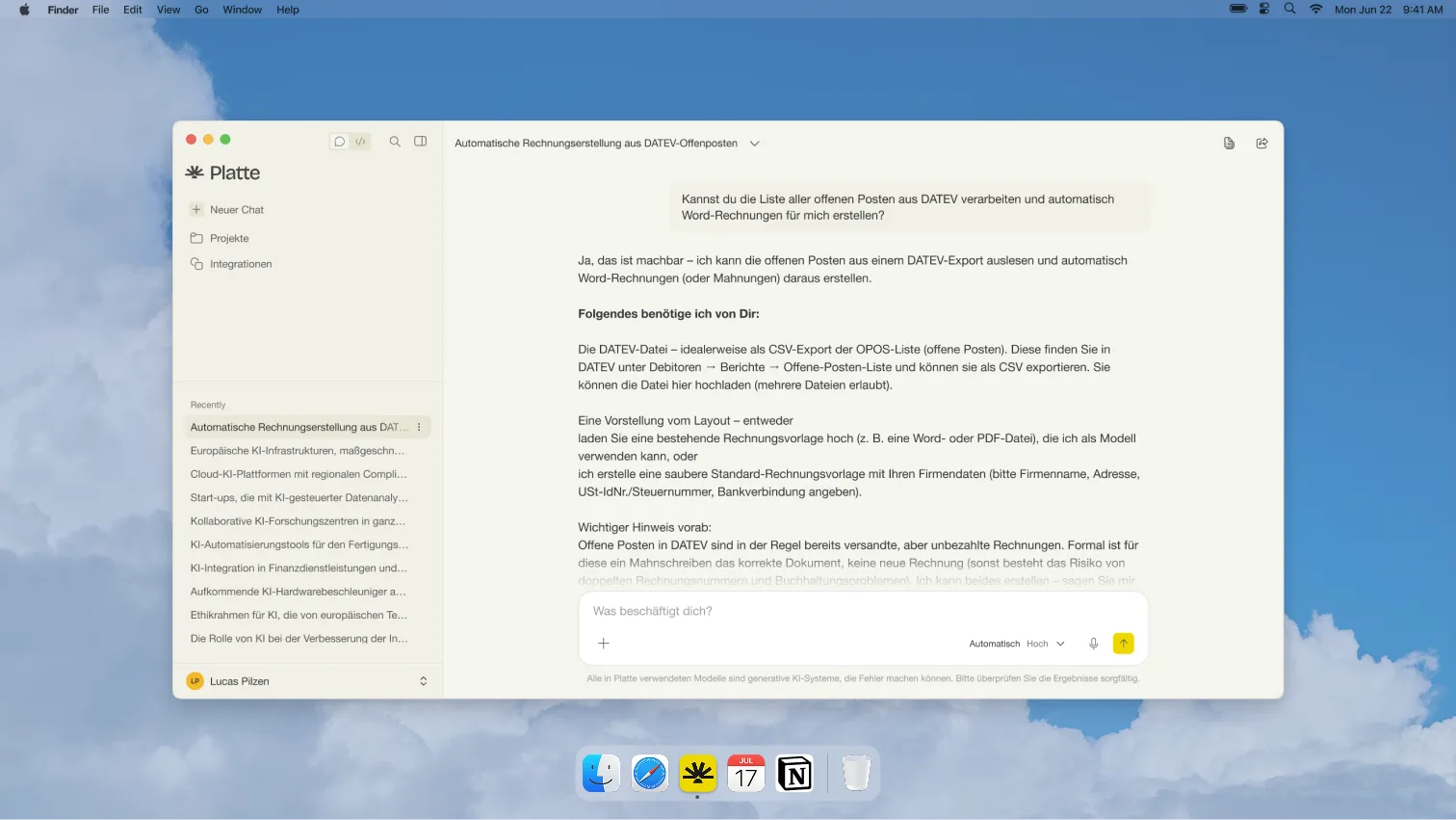 Die Platte Desktop-App als eigenes Fenster auf dem Mac