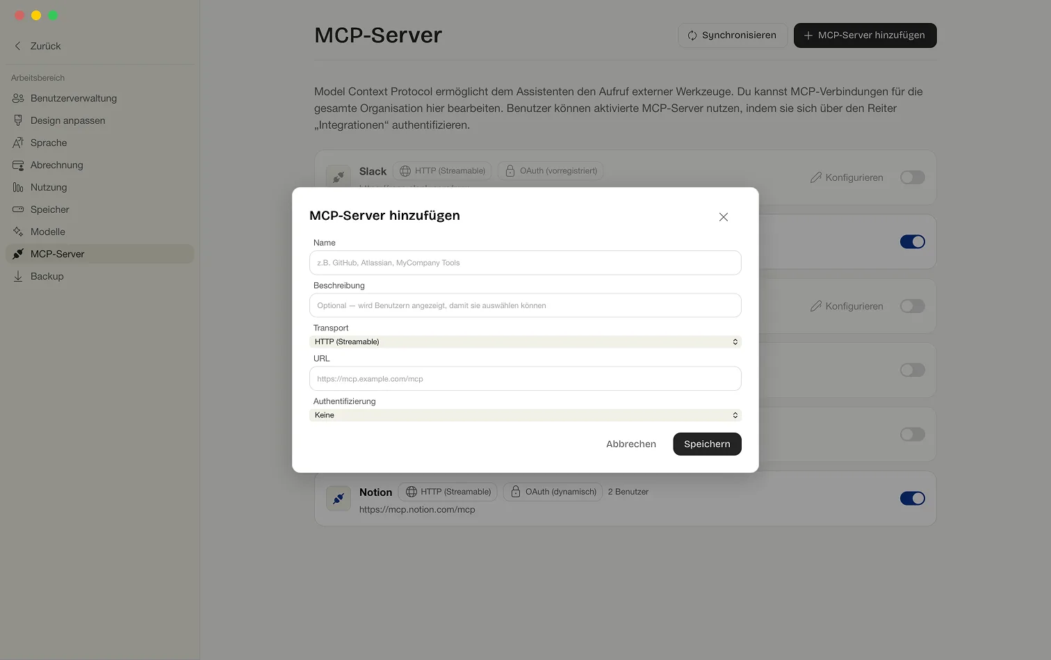 Der Dialog MCP-Server hinzufügen mit den Feldern Name, Beschreibung, Transport, URL und Authentifizierung sowie den Knöpfen Abbrechen und Speichern
