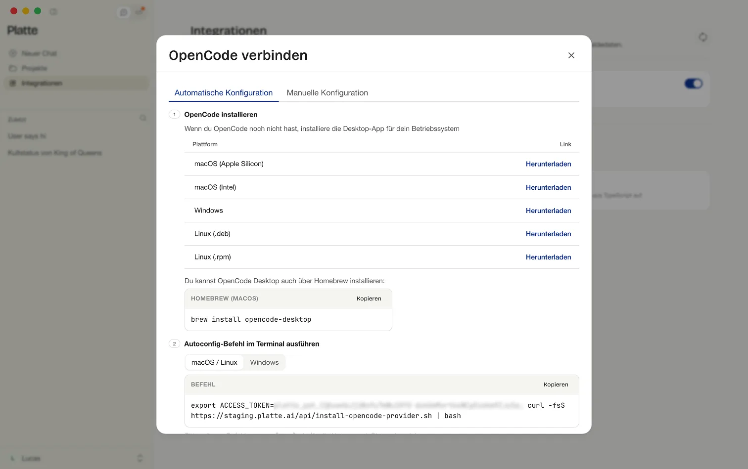 Der Dialog OpenCode verbinden auf dem Tab Automatische Konfiguration: Schritt 1 OpenCode installieren mit der Plattform-Tabelle samt Homebrew-Befehl, Schritt 2 Autoconfig-Befehl im Terminal mit den Reitern macOS / Linux und Windows