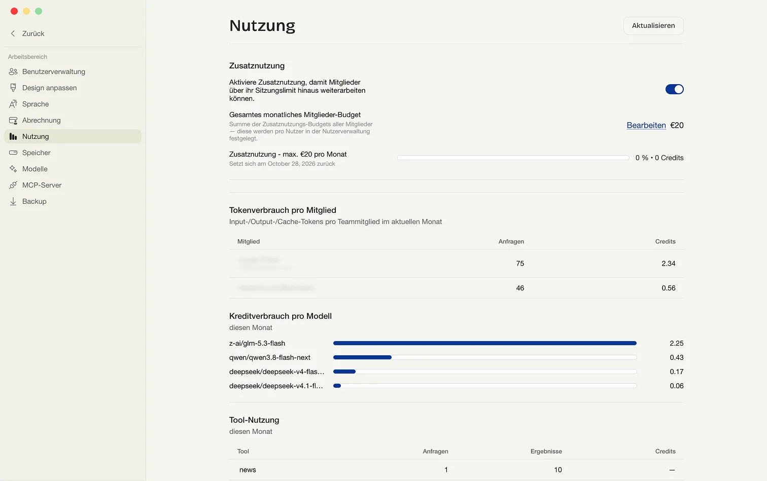 Die Admin-Seite Nutzung mit dem Abschnitt Zusatznutzung: der Schalter zum Aktivieren, das gesamte monatliche Mitglieder-Budget und der Verbrauchsbalken