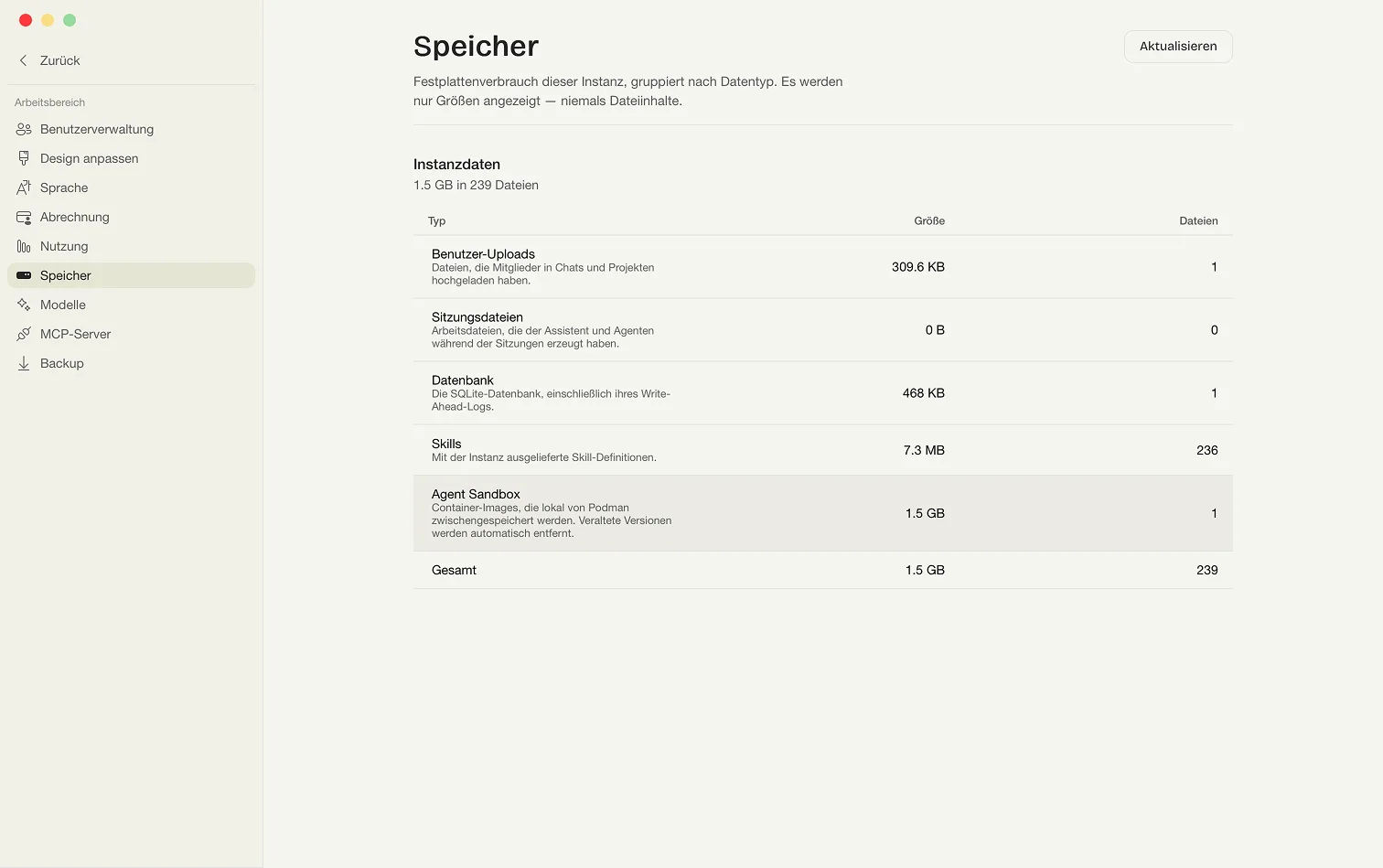 Die Admin-Seite Speicher mit der Tabelle des Verbrauchs nach Datentyp