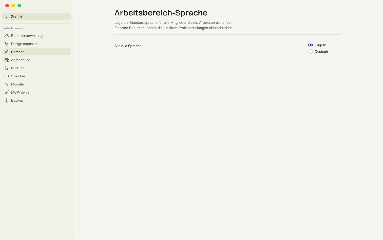 Die Admin-Seite Sprache mit den Radiobuttons English und Deutsch